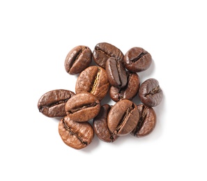 Photo of Roasted coffee beans on white background, top view