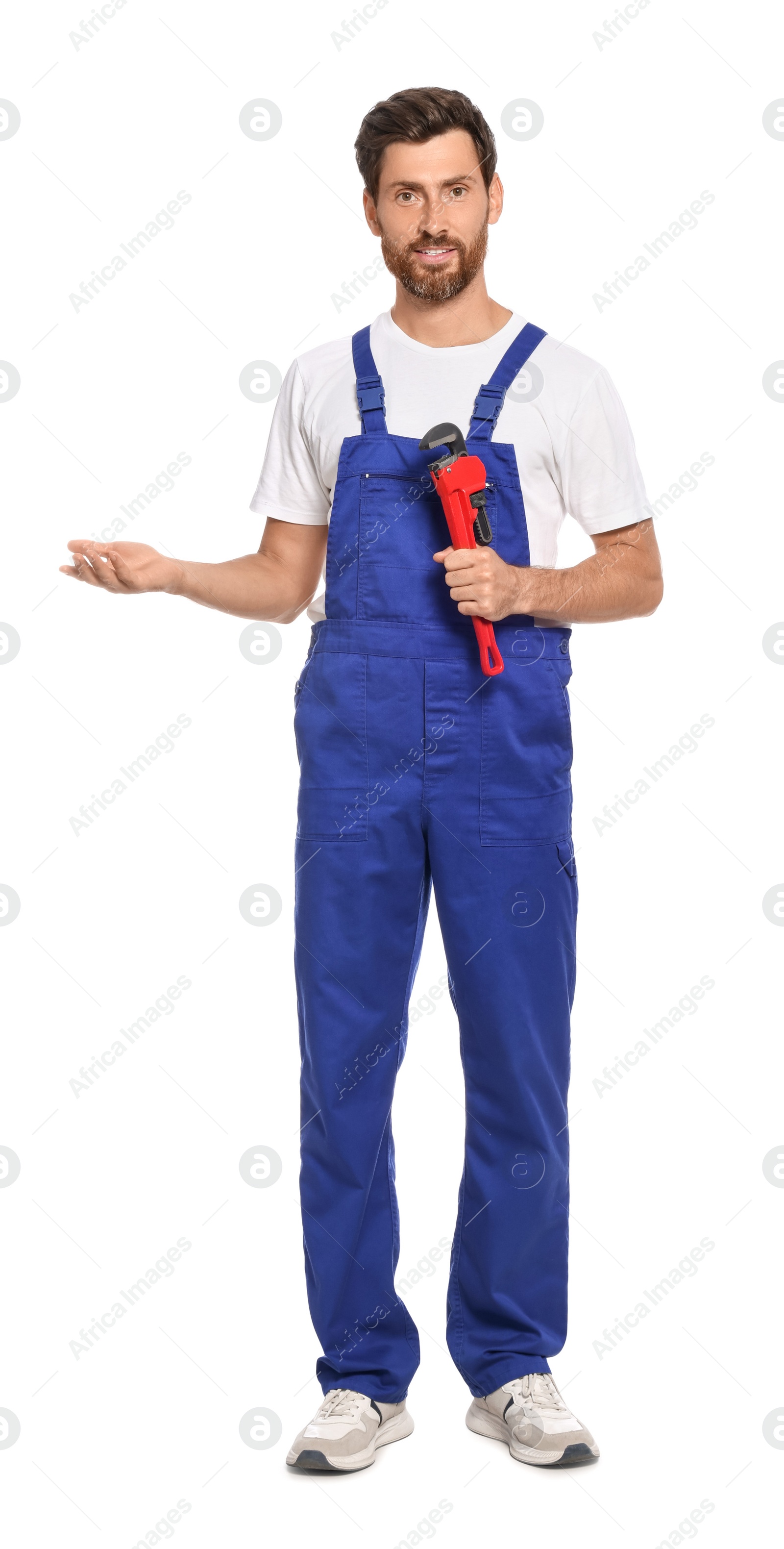 Photo of Professional plumber with pipe wrench on white background