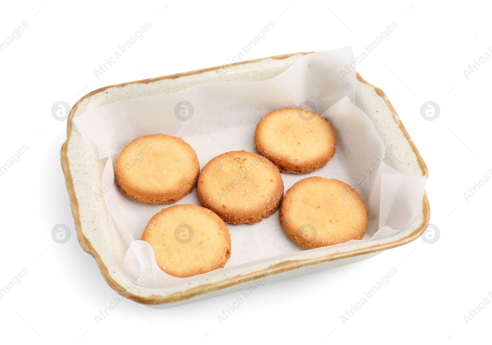 Photo of Tasty sweet sugar cookies in baking dish isolated on white