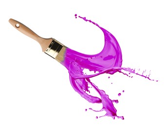 Image of Brush and splashing purple paint on white background