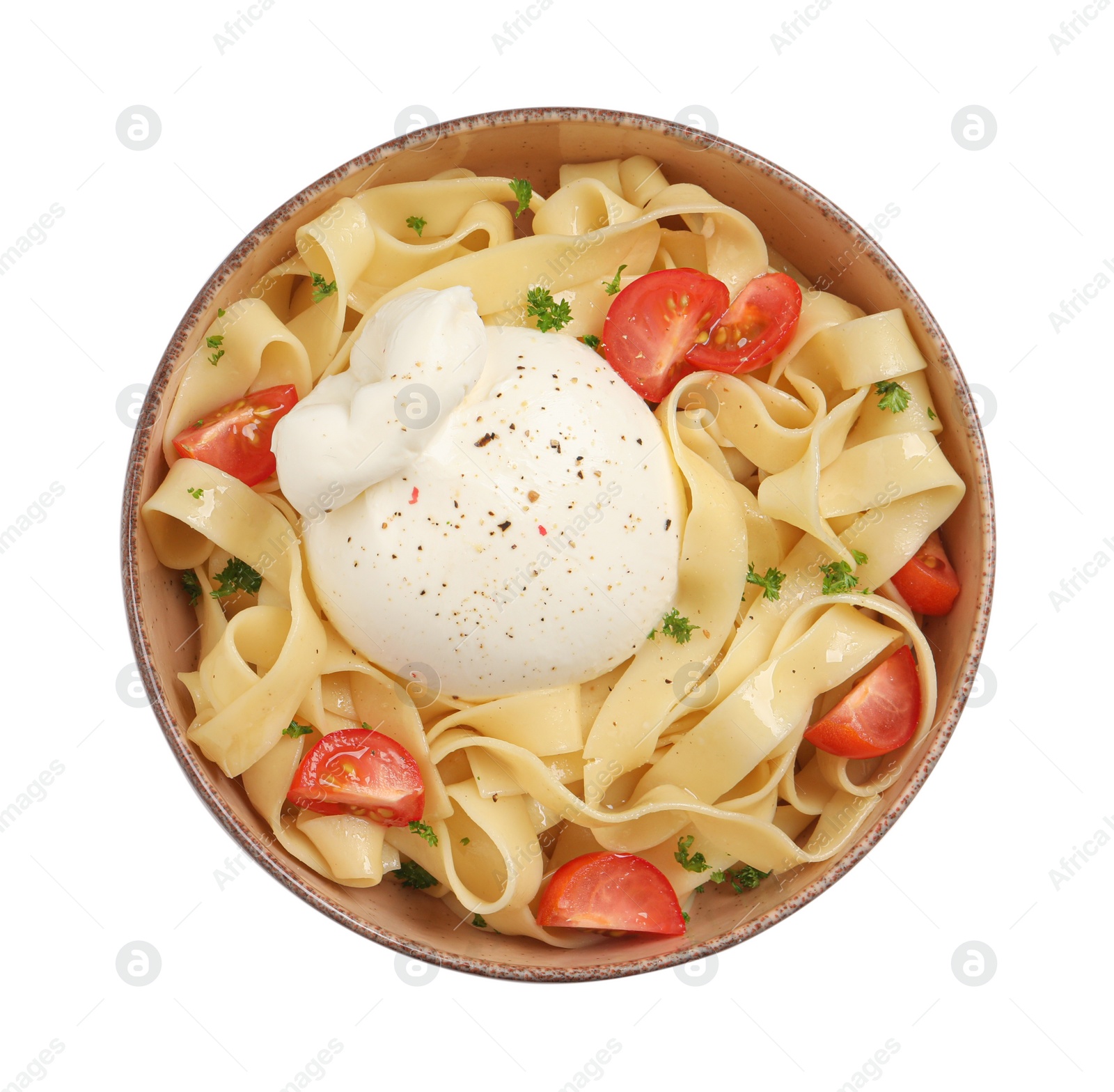 Photo of Bowl of delicious pasta with burrata and tomatoes isolated on white, top view