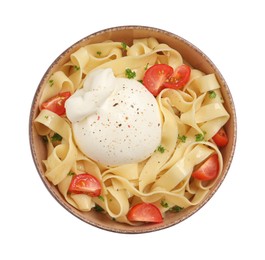 Photo of Bowl of delicious pasta with burrata and tomatoes isolated on white, top view