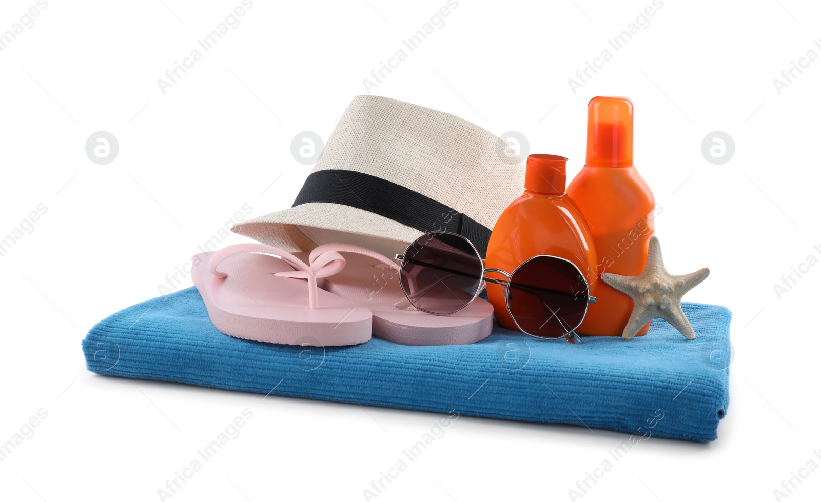 Photo of Composition with beach objects on white background