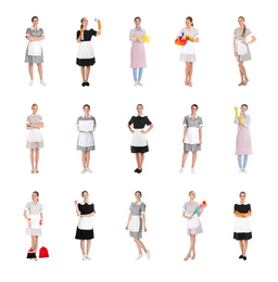 Image of Collage with chambermaids in uniforms on white background
