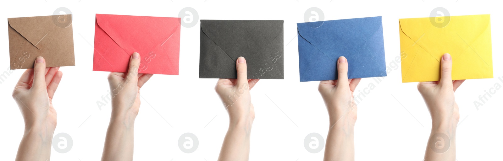 Image of Collage with photos of woman holding bright envelopes on white background, closeup. Banner design