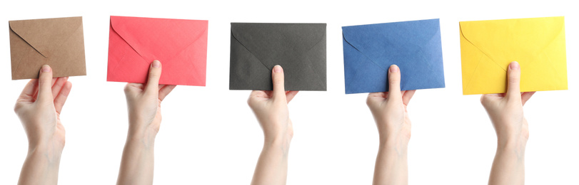 Image of Collage with photos of woman holding bright envelopes on white background, closeup. Banner design