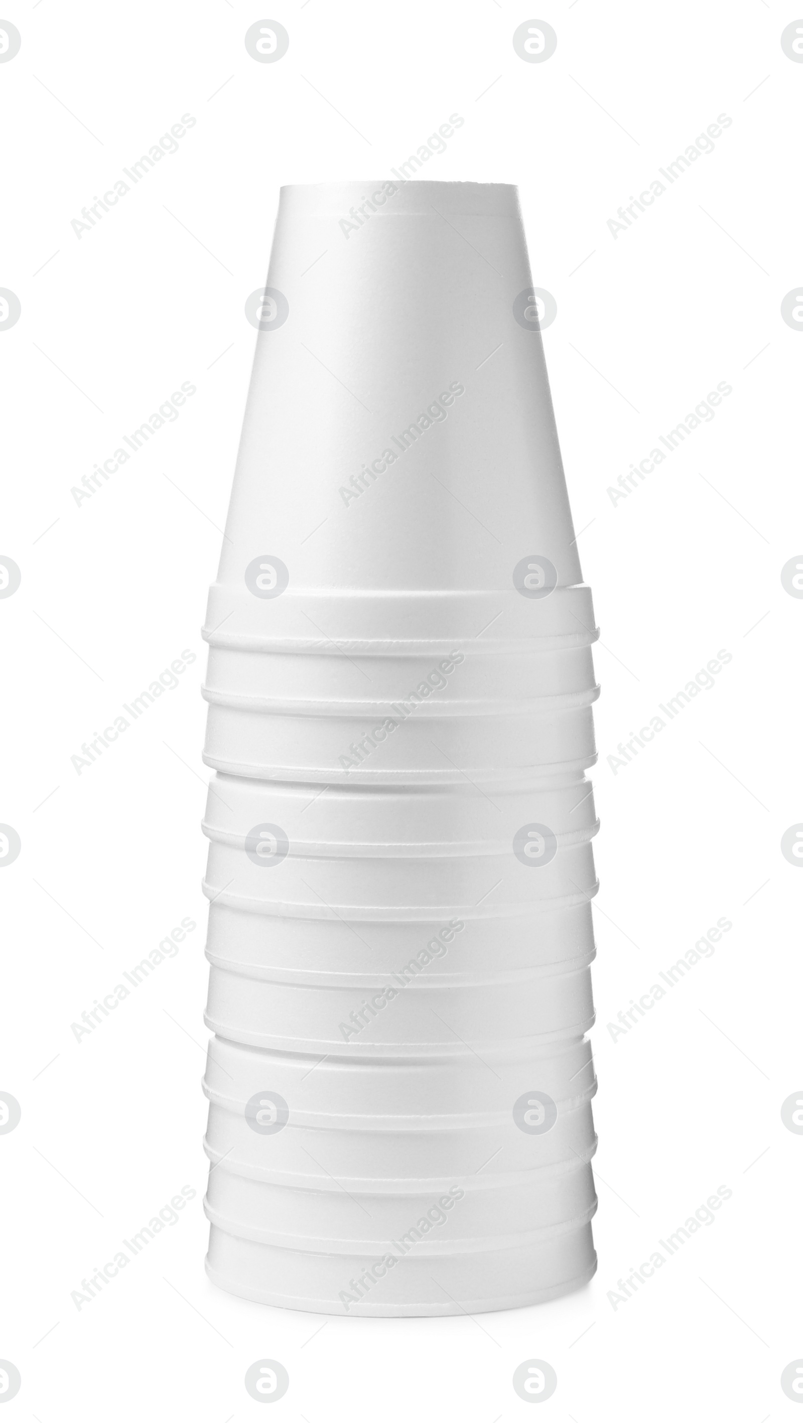 Photo of Stack of styrofoam cups on white background