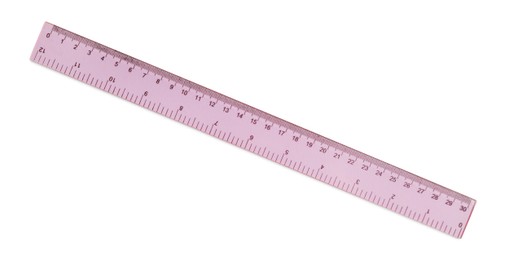 Photo of Ruler with measuring length markings in centimeters isolated on white, top view