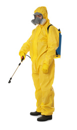 Photo of Man wearing protective suit with insecticide sprayer on white background. Pest control