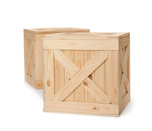 Photo of Closed new wooden crates isolated on white