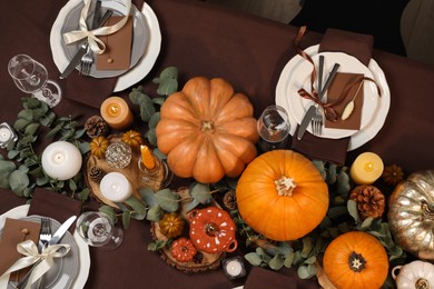 Photo of Beautiful autumn place setting and decor on table, flat lay