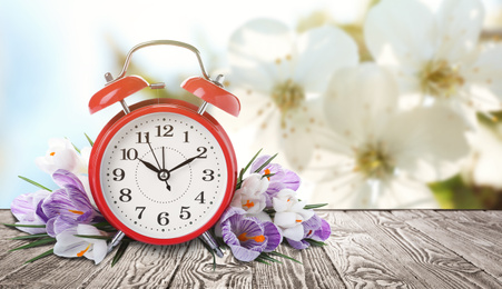 Red alarm clock and flowers on table against blurred background, space for text. Spring time