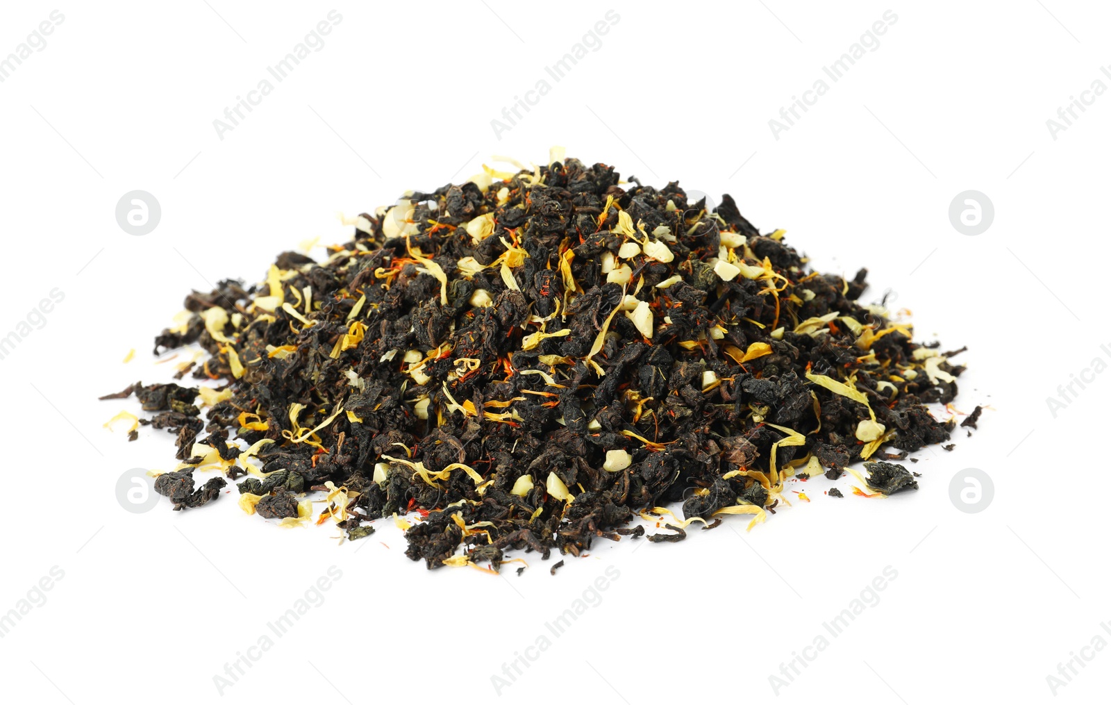 Photo of Pile of aromatic herbal tea isolated on white