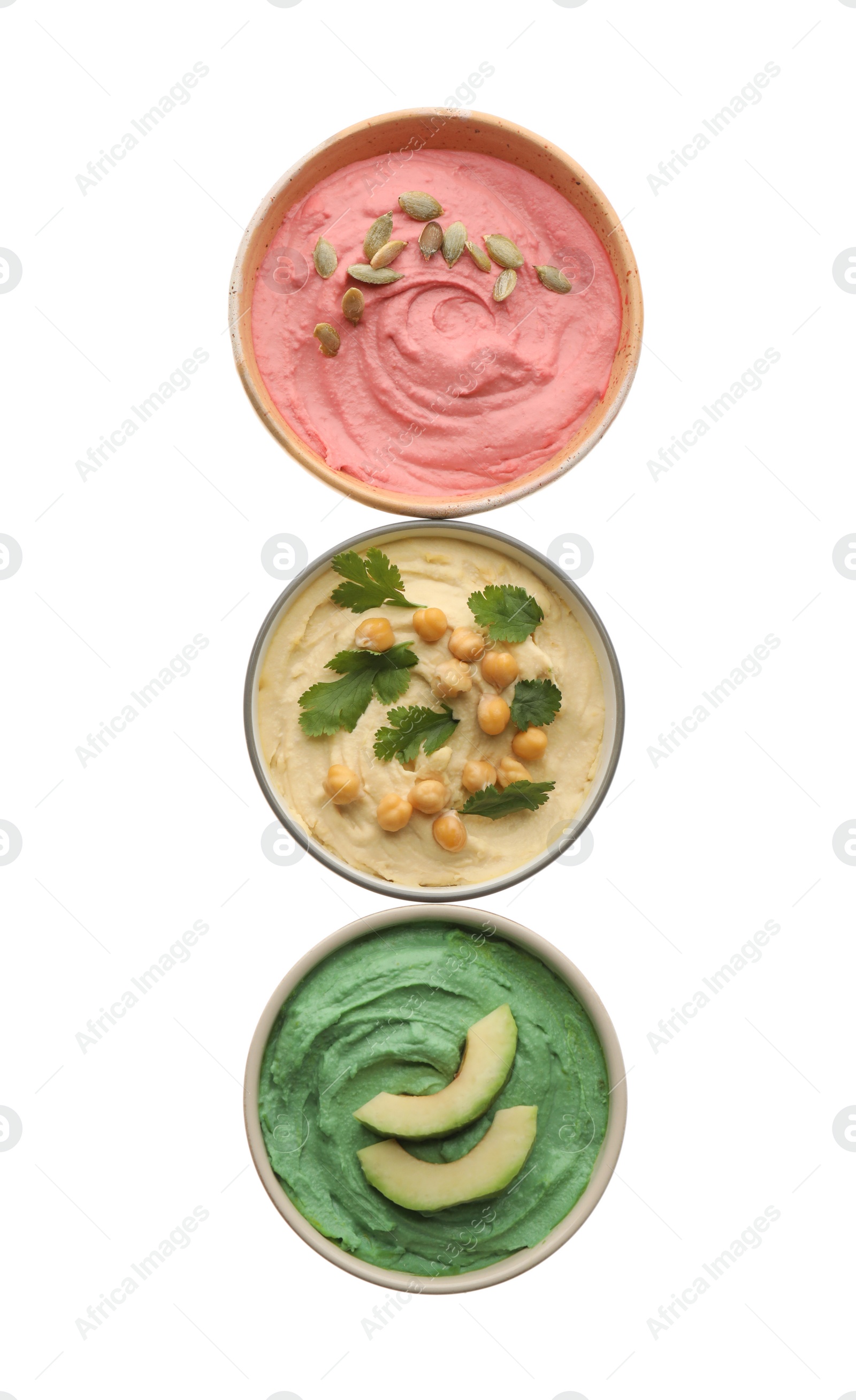 Photo of Different kinds of tasty hummus in bowls on white background, top view