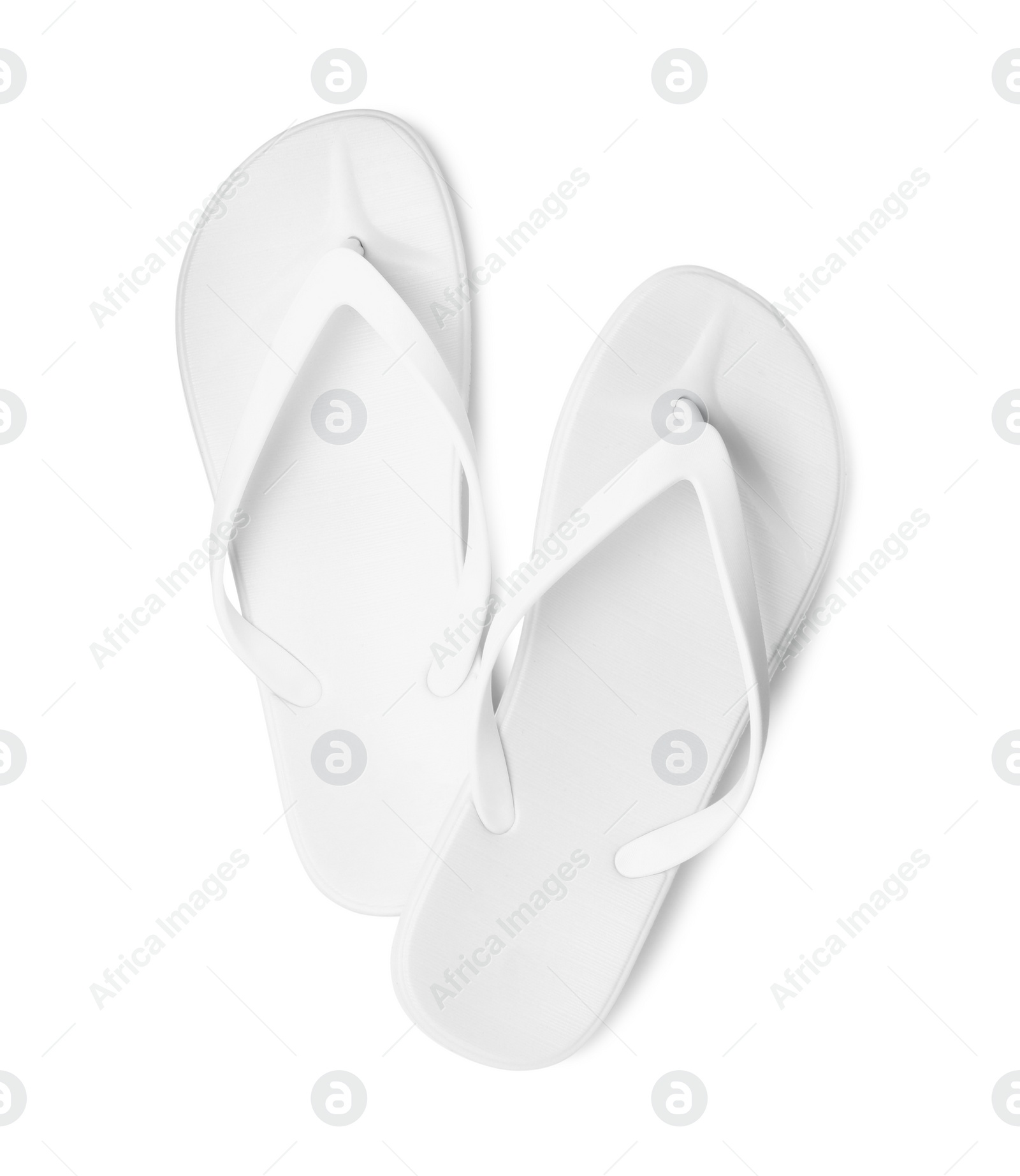 Photo of Pair of stylish flip flops isolated on white, top view