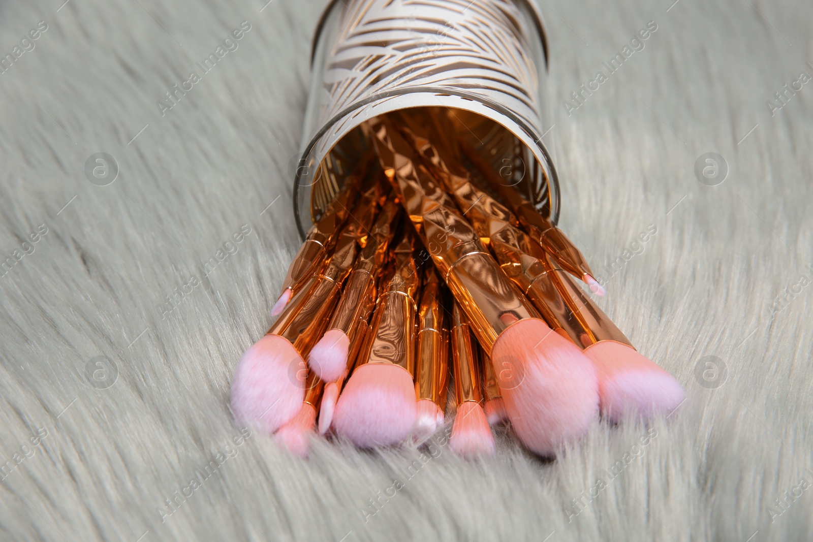 Photo of Organizer with set of professional makeup brushes on furry fabric