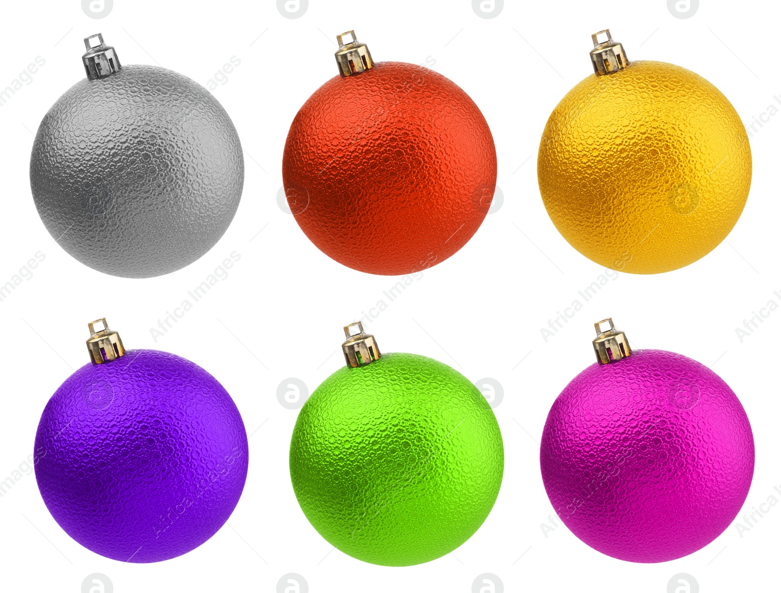 Image of Bright Christmas ball hanging on white background, collection