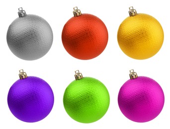 Image of Bright Christmas ball hanging on white background, collection