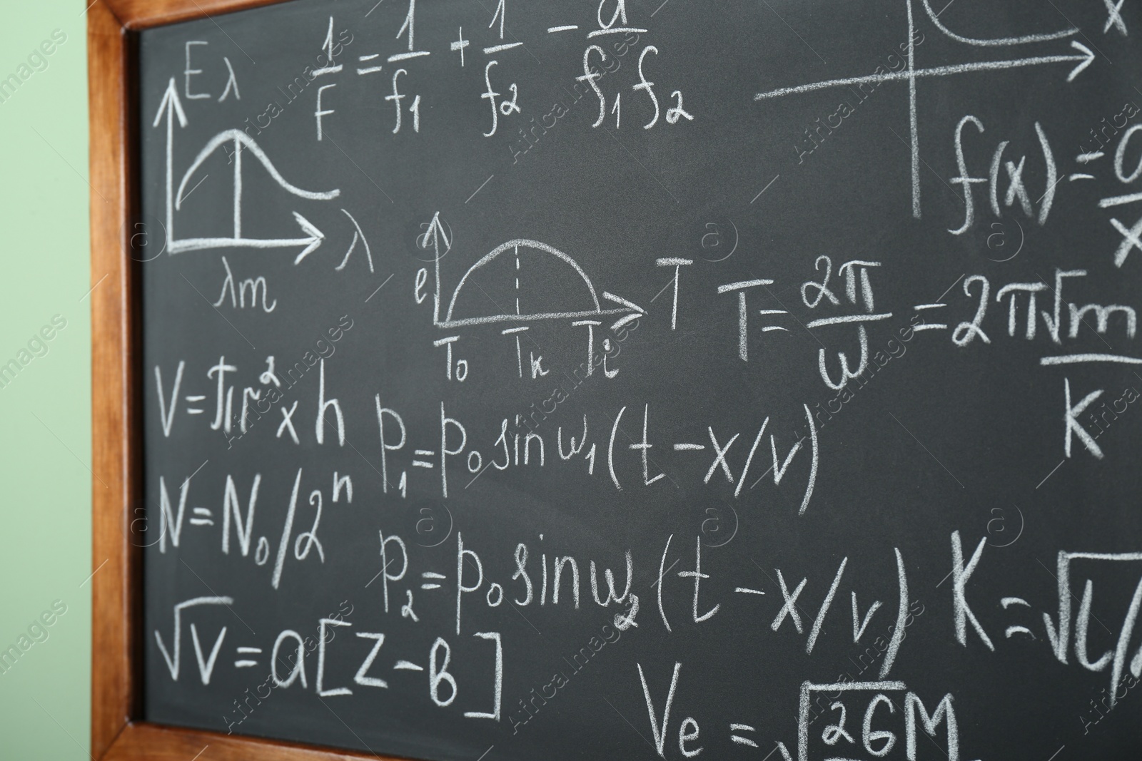 Photo of Chalkboard with many different math formulas on green wall, closeup