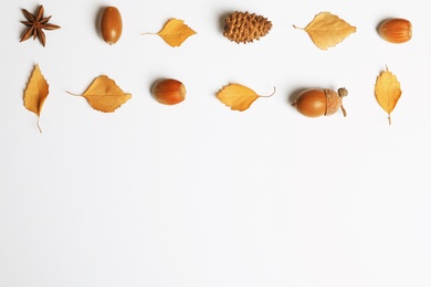 Photo of Flat lay composition with autumn leaves and space for text on white background