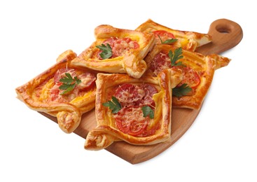 Photo of Fresh delicious puff pastry with cheese, tomatoes and parsley on white background
