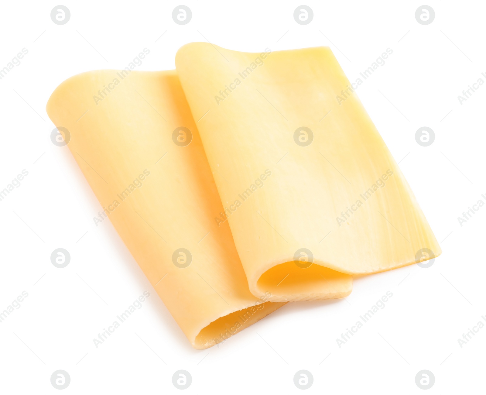 Photo of Slices of tasty cheese on white background