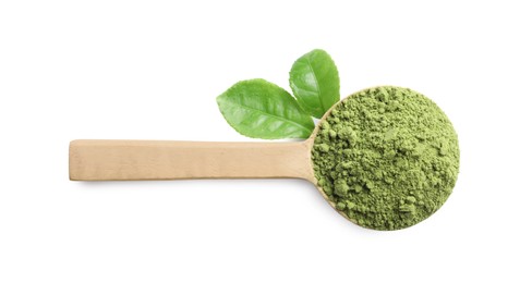 Photo of Wooden spoon with green matcha powder and leaves isolated on white, top view
