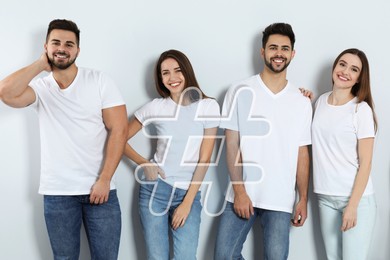 Image of Hashtag icon and group of happy people on white background