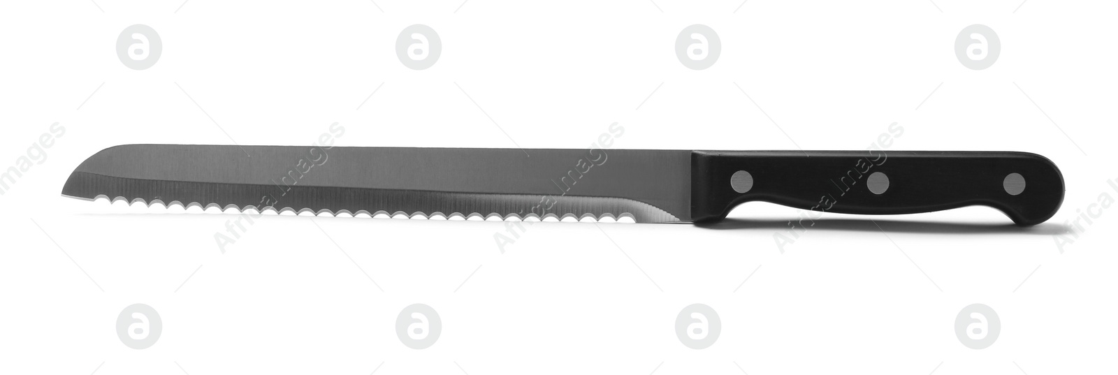 Photo of Stainless steel bread knife with plastic handle isolated on white