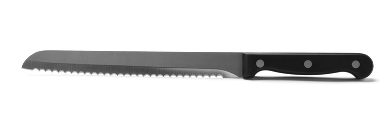 Stainless steel bread knife with plastic handle isolated on white
