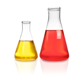 Laboratory glassware with different samples on white background. Solution chemistry