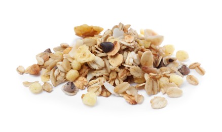 Photo of Pile of granola on white background. Healthy snack