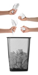 Image of Women holding crumpled sheets of paper over trash bin, collage 