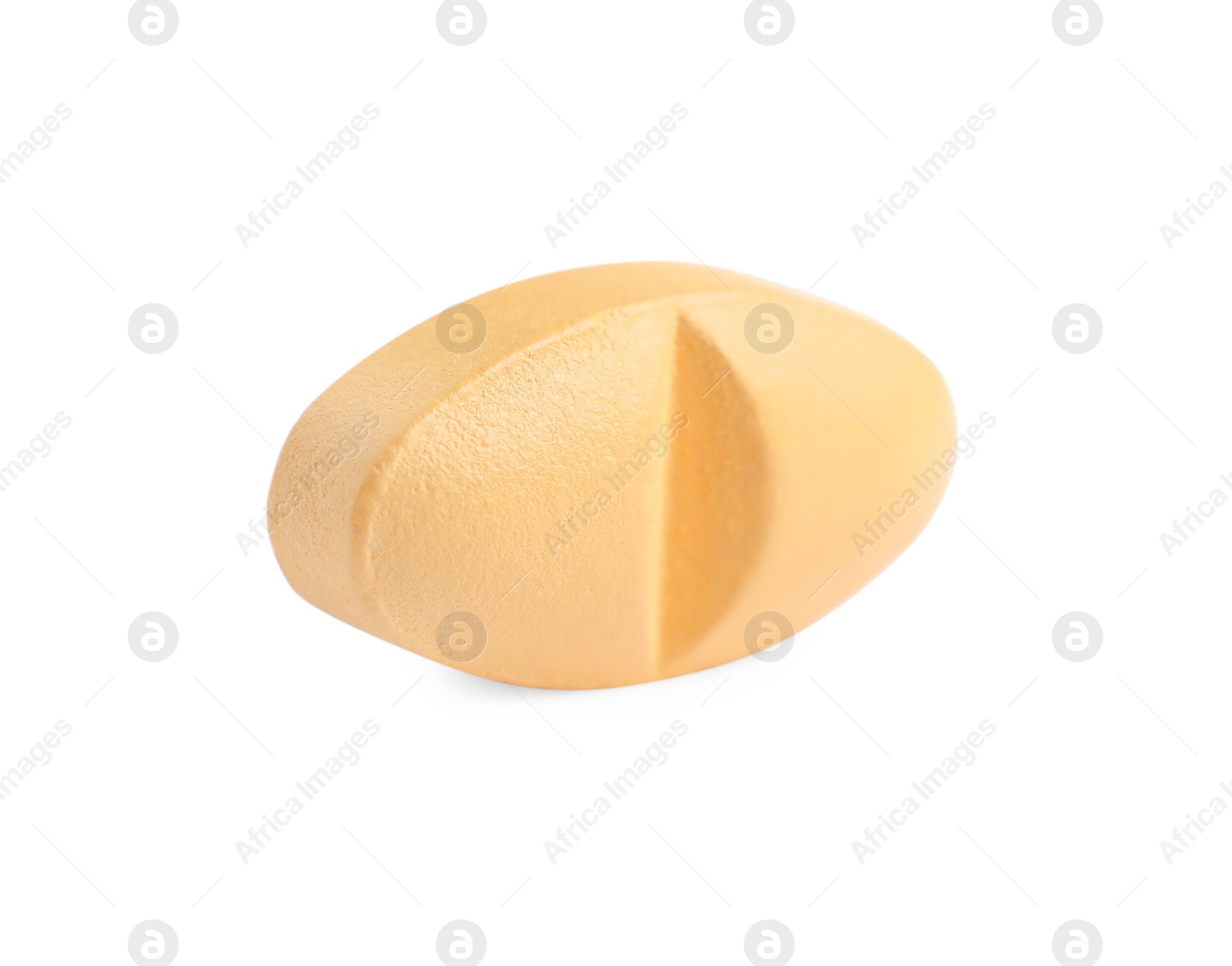 Photo of One light orange pill isolated on white. Medicinal treatment