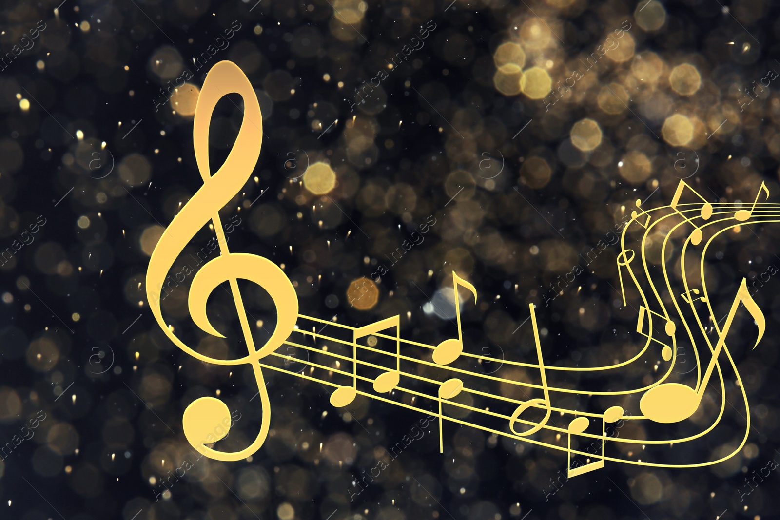 Image of Music notes on dark background, bokeh effect