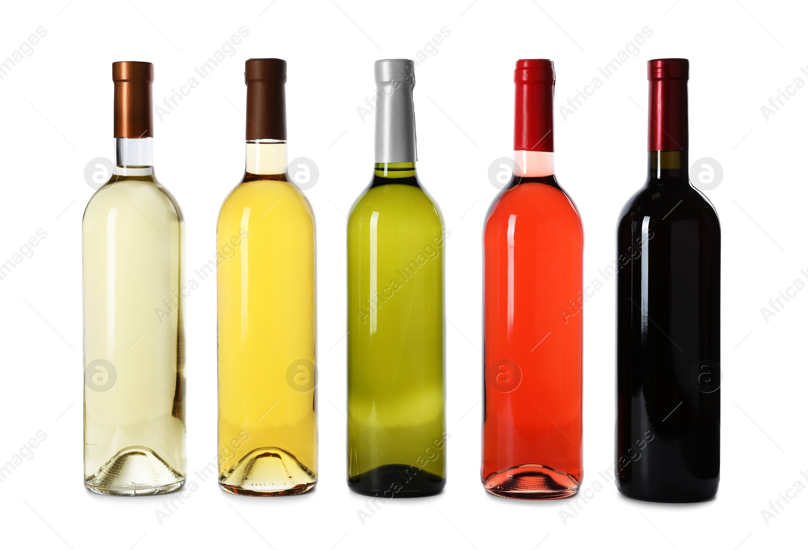 Photo of Bottles of expensive wines on white background