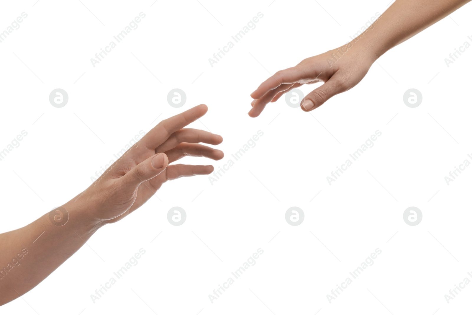 Photo of Man and woman reaching to each other on white background, closeup of hands