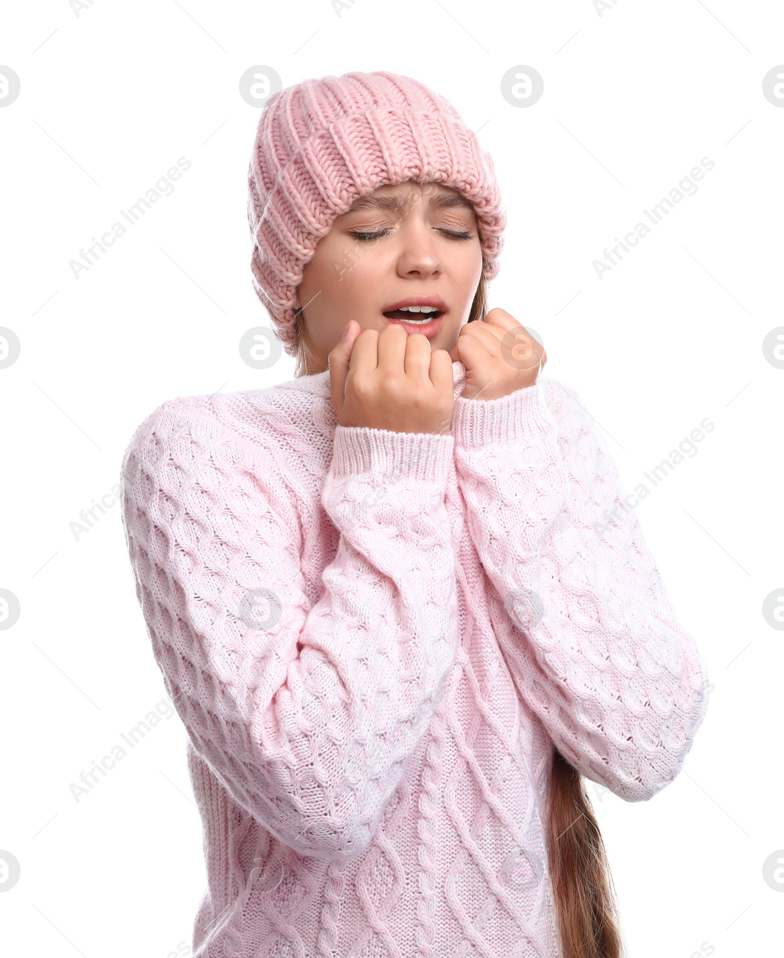 Photo of Young woman suffering from cold on white background