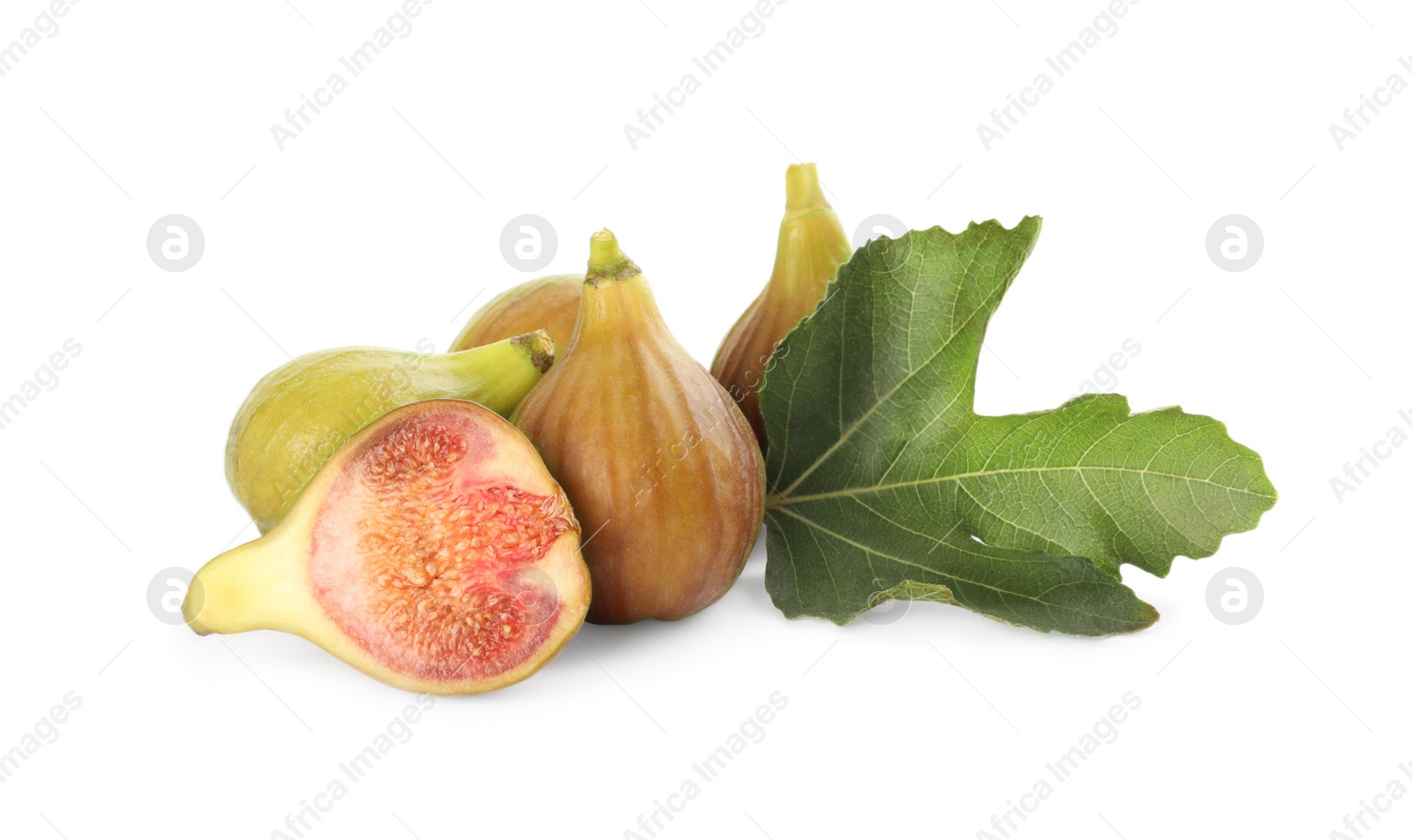 Photo of Tasty ripe figs and green leaf isolated on white