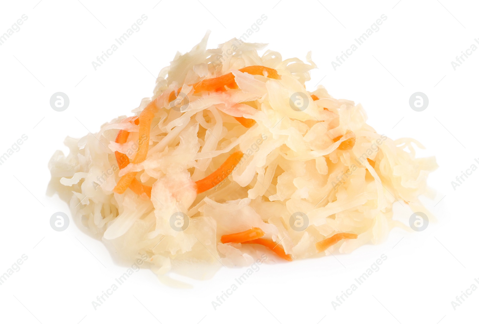 Photo of Tasty sauerkraut with carrot on white background