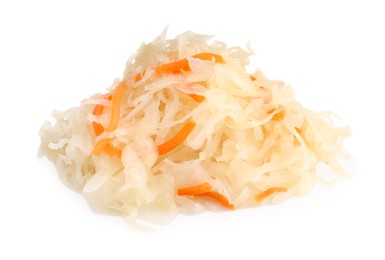 Photo of Tasty sauerkraut with carrot on white background