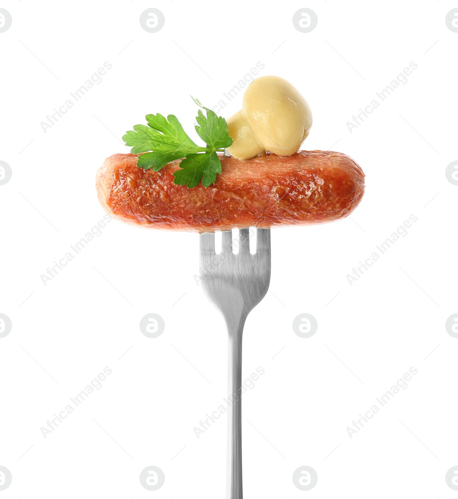 Photo of Fork with tasty fried sausage, pickled mushroom and parsley isolated on white