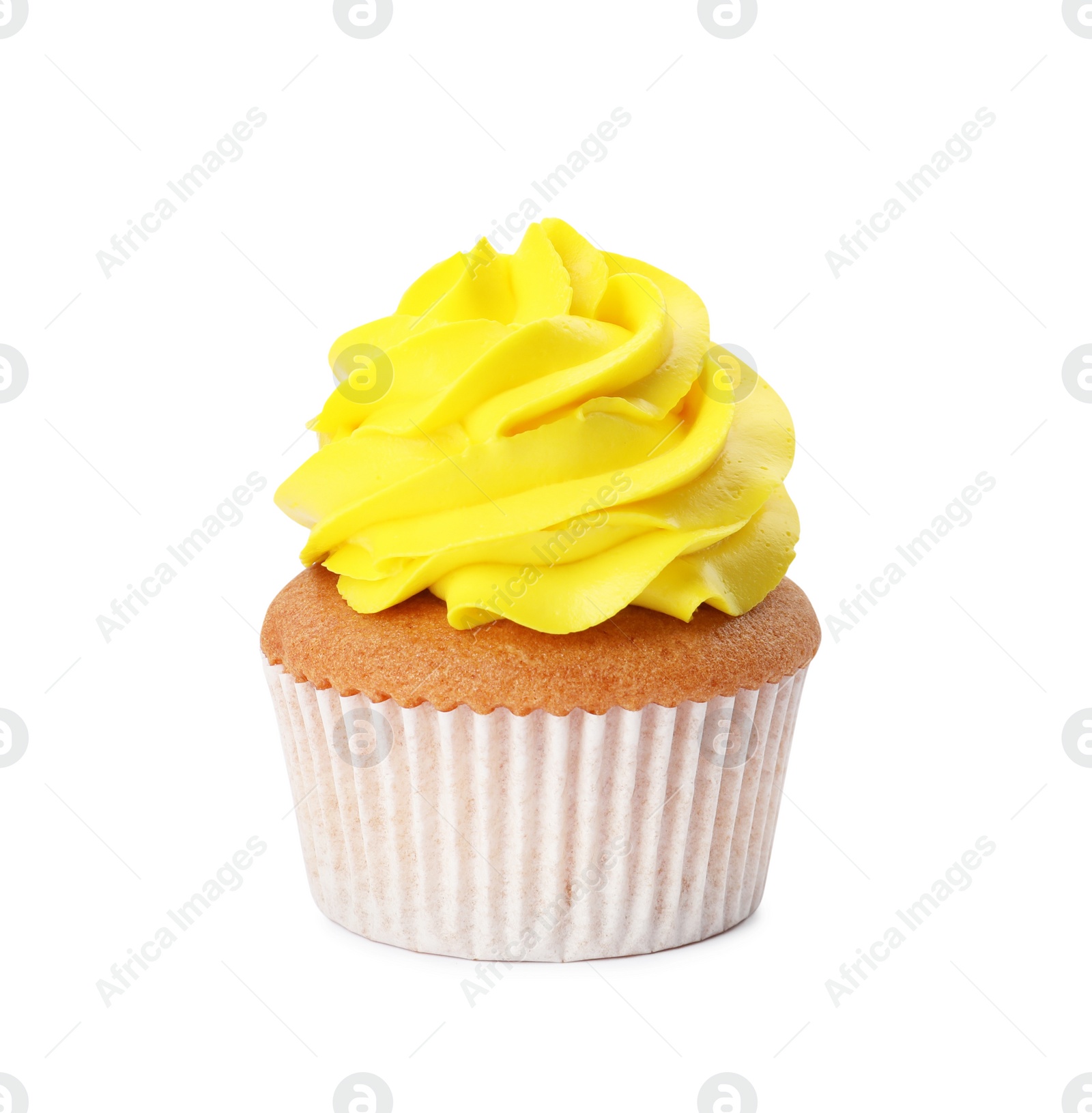 Photo of Delicious cupcake with yellow cream isolated on white