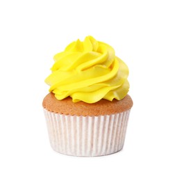 Photo of Delicious cupcake with yellow cream isolated on white