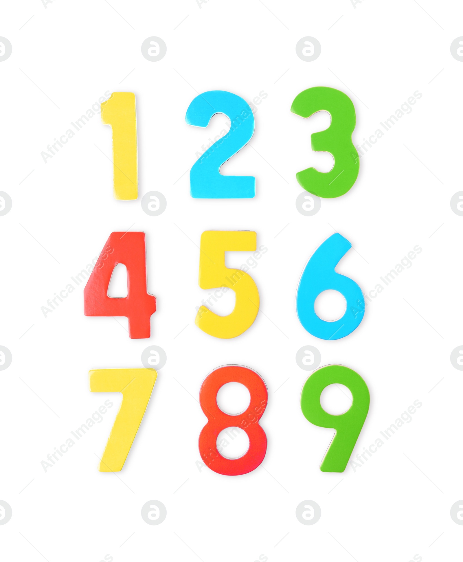 Photo of Colorful numbers on white background, top view