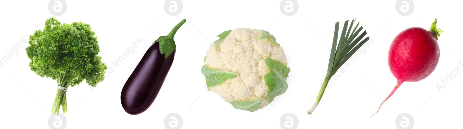 Image of Collage with many fresh vegetables on white background