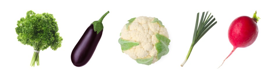 Collage with many fresh vegetables on white background