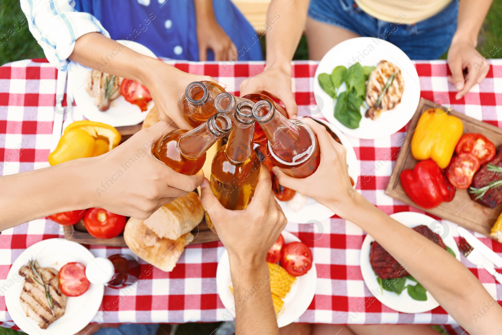 Photo of Friends with drinks at barbecue party outdoors, above view