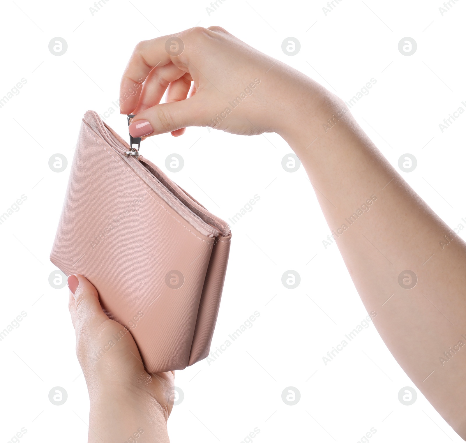 Photo of Woman with cosmetic bag isolated on white, closeup