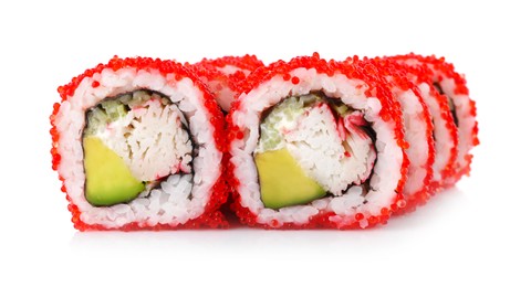 Photo of Delicious fresh sushi rolls with tobiko caviar on white background